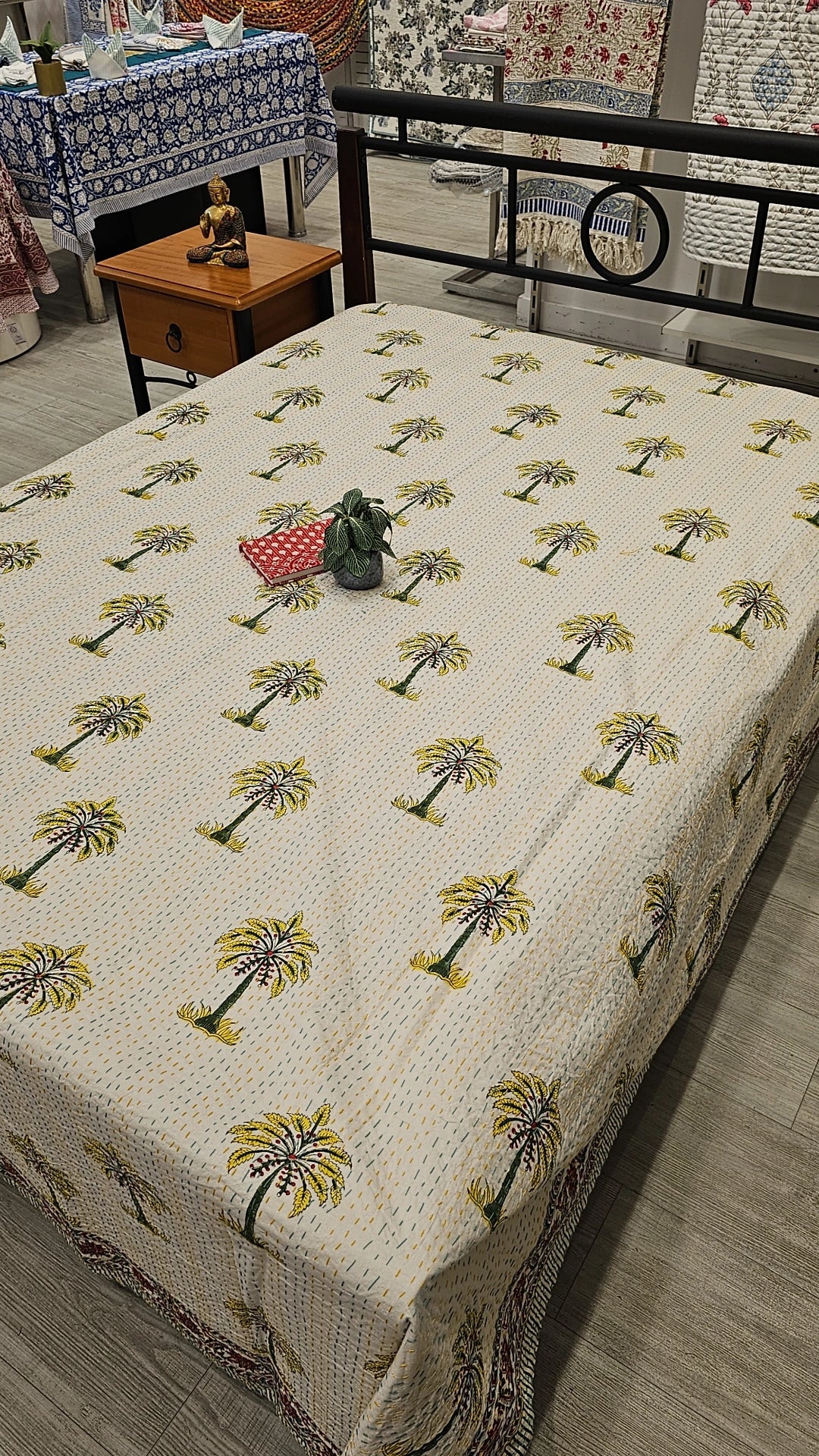 "Ivory Oasis: Green Palms Kantha Quilt"