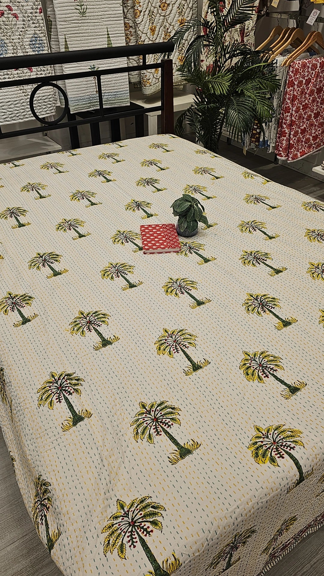 "Ivory Oasis: Green Palms Kantha Quilt"