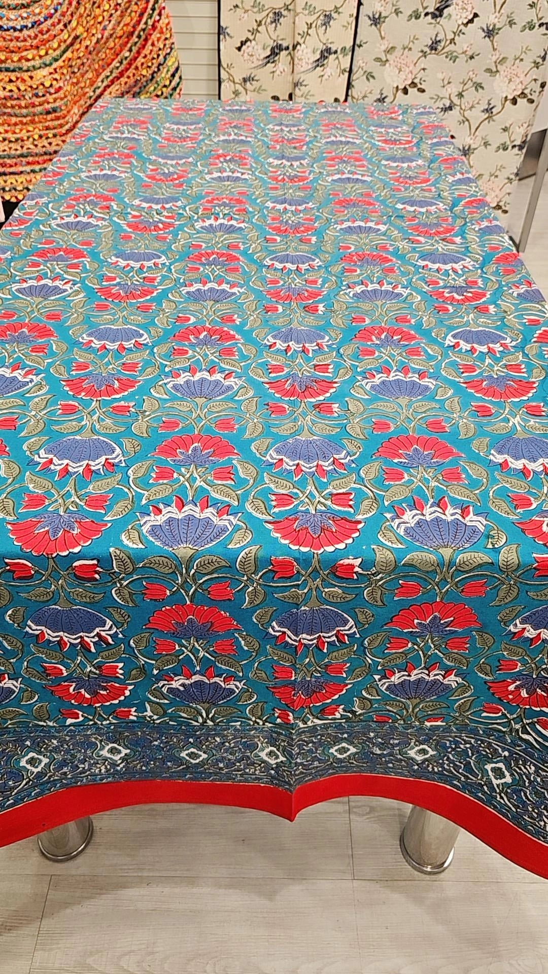 "Enchanting Blooms: Teal Green Red Floral Tablecloth"