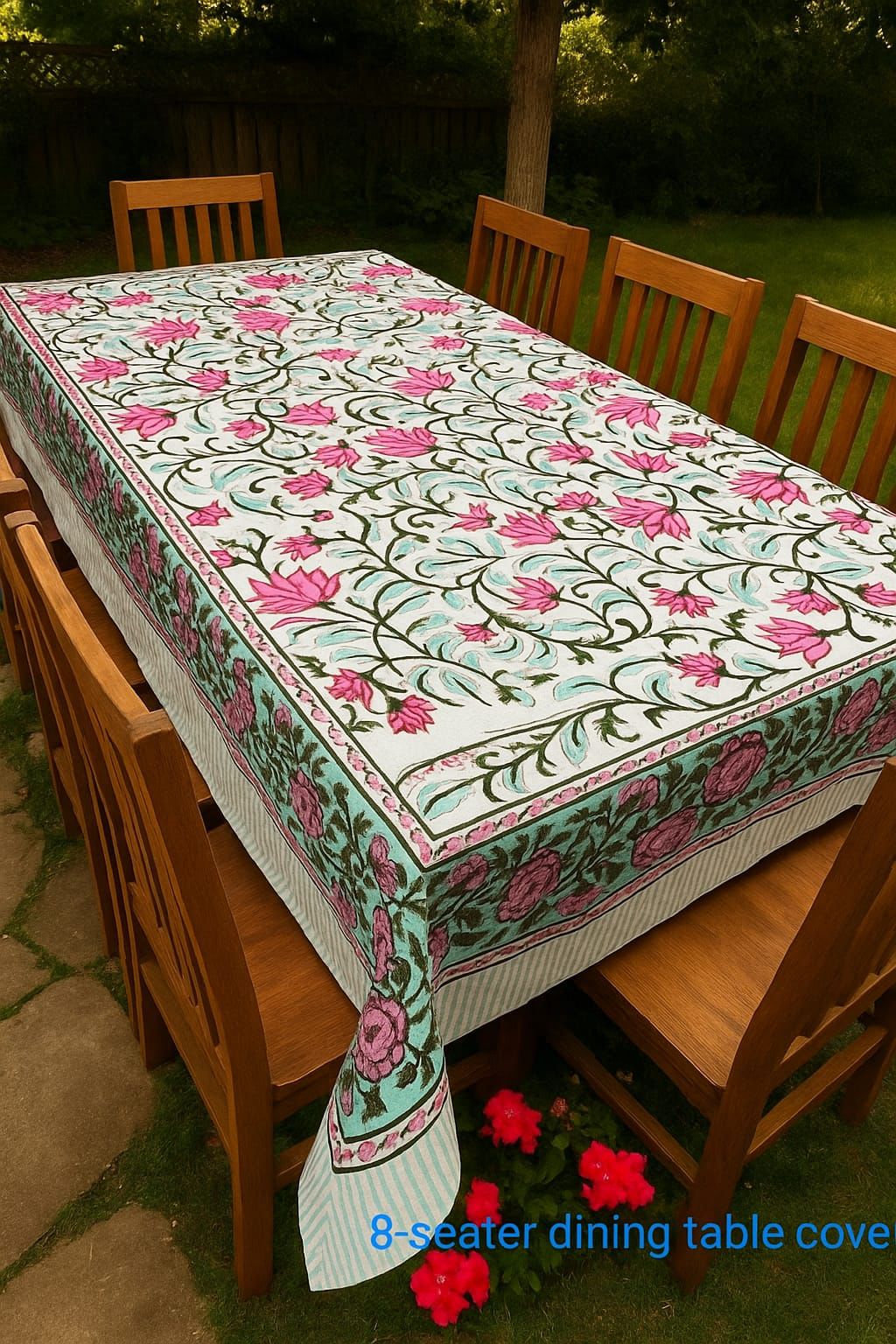 “Blushing Garden Handblock 8-Seater Tablecloth” 🌸💚