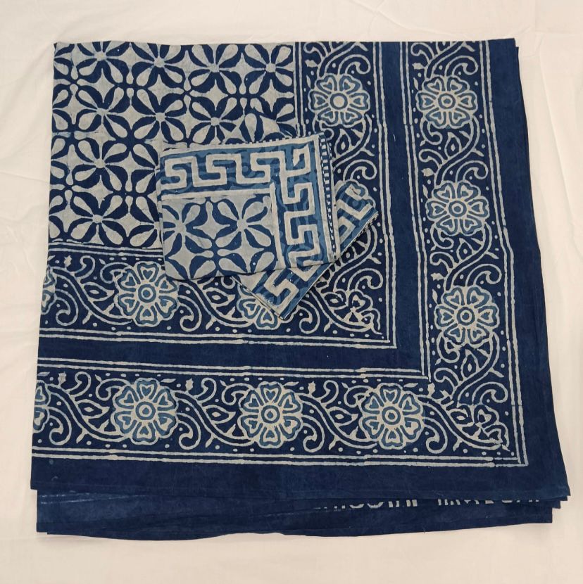 "Indigo Bloom: Geometric Elegance in Pure Cotton Bedsheet"