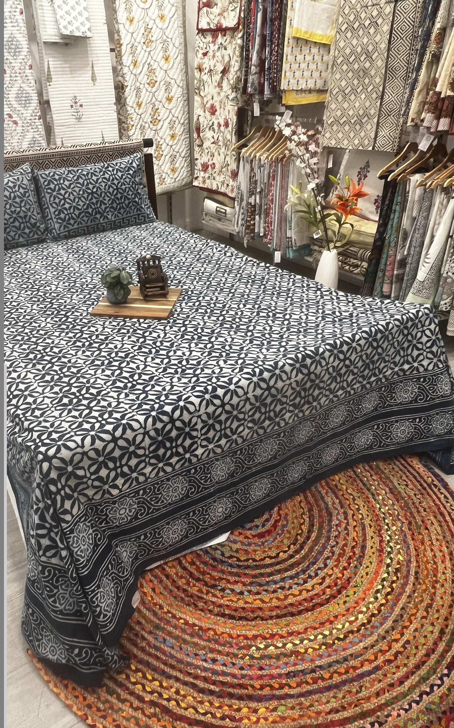 "Indigo Bloom: Geometric Elegance in Pure Cotton Bedsheet"