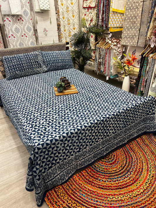 "Indigo Zen: Pure Handblock Geometric Haven Bedsheet"