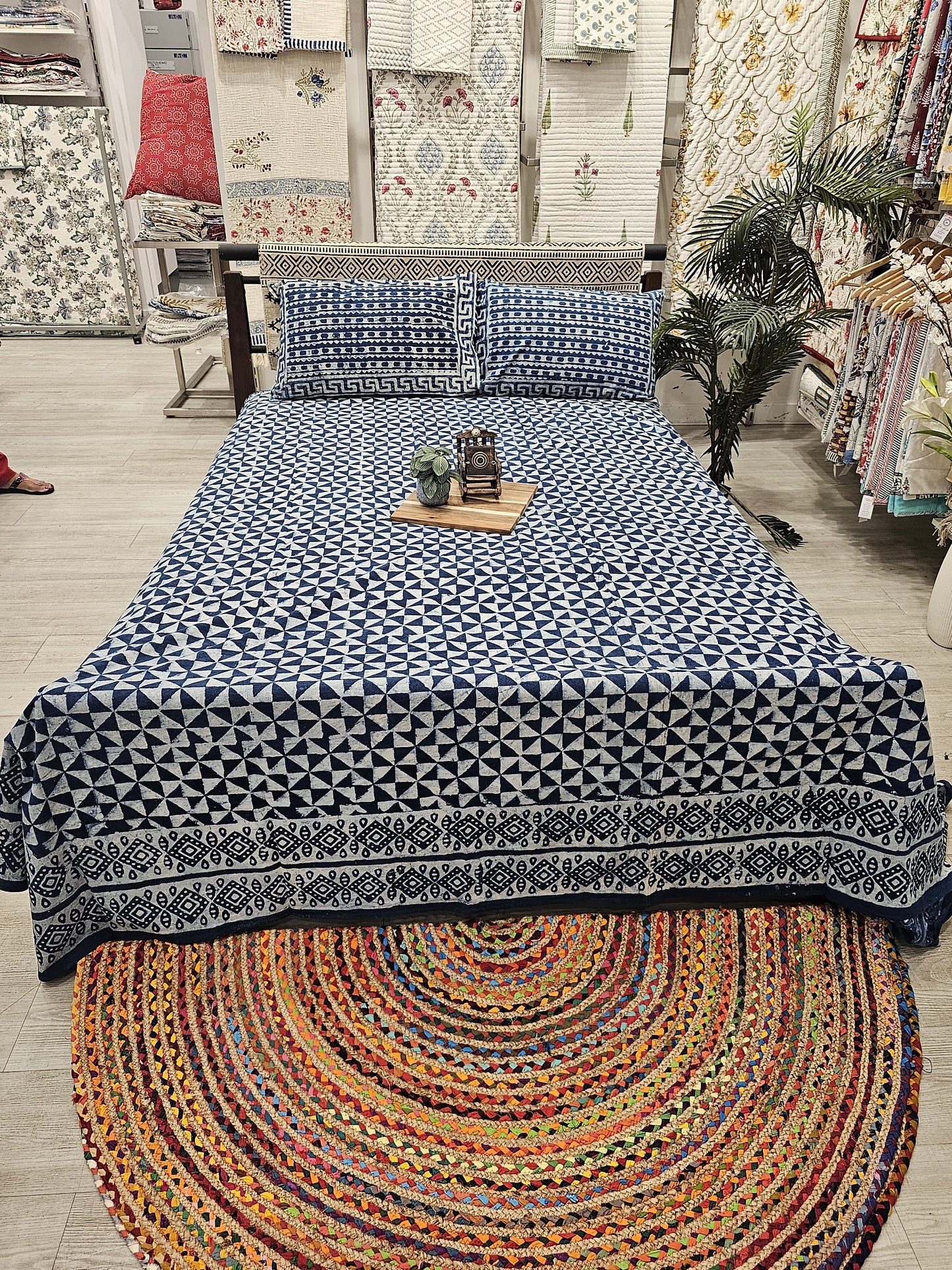 "Indigo Zen: Pure Handblock Geometric Haven Bedsheet"