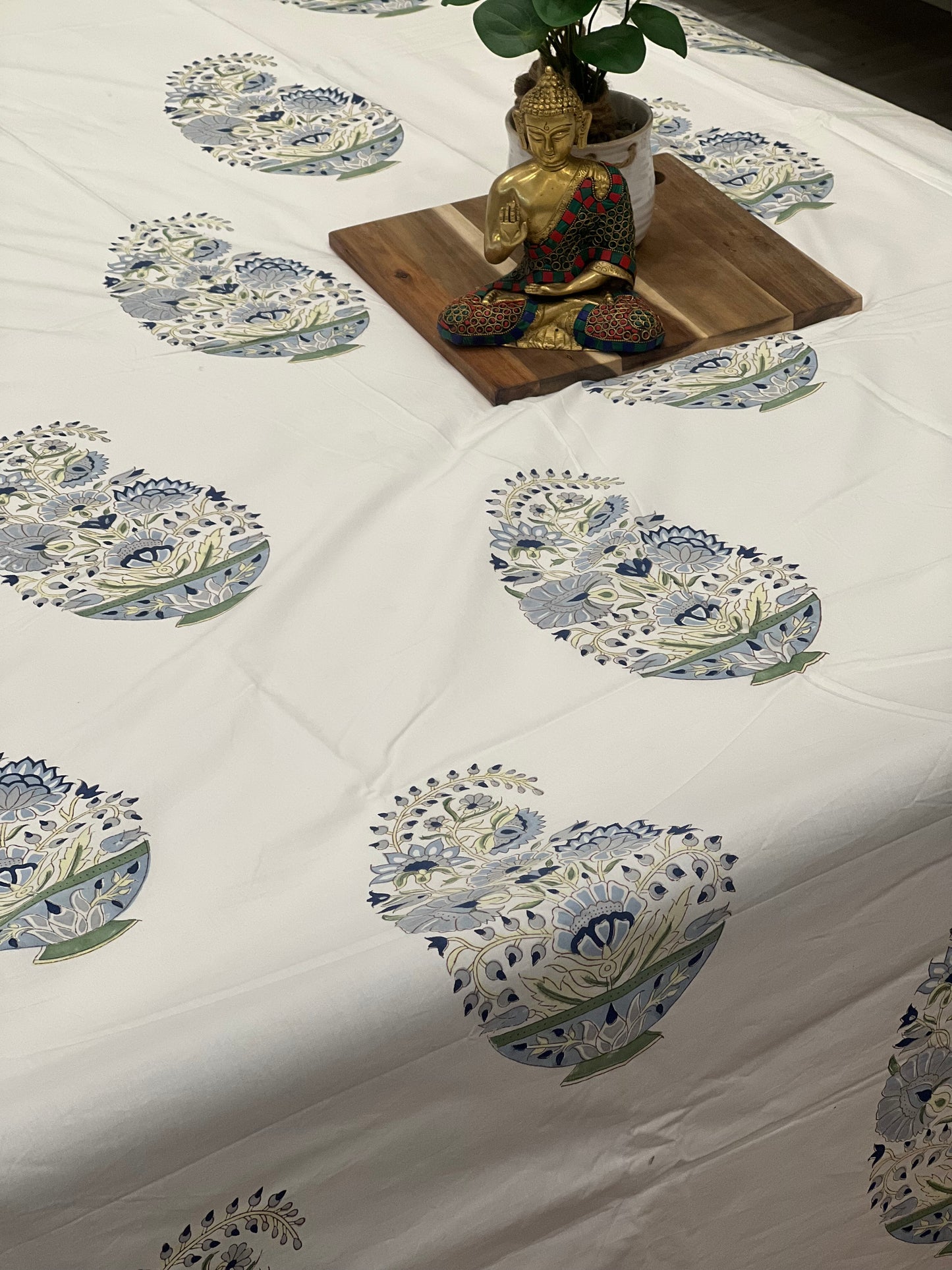 "Timeless Elegance: White Paisley Dreams Handblock Printed Bedsheet"