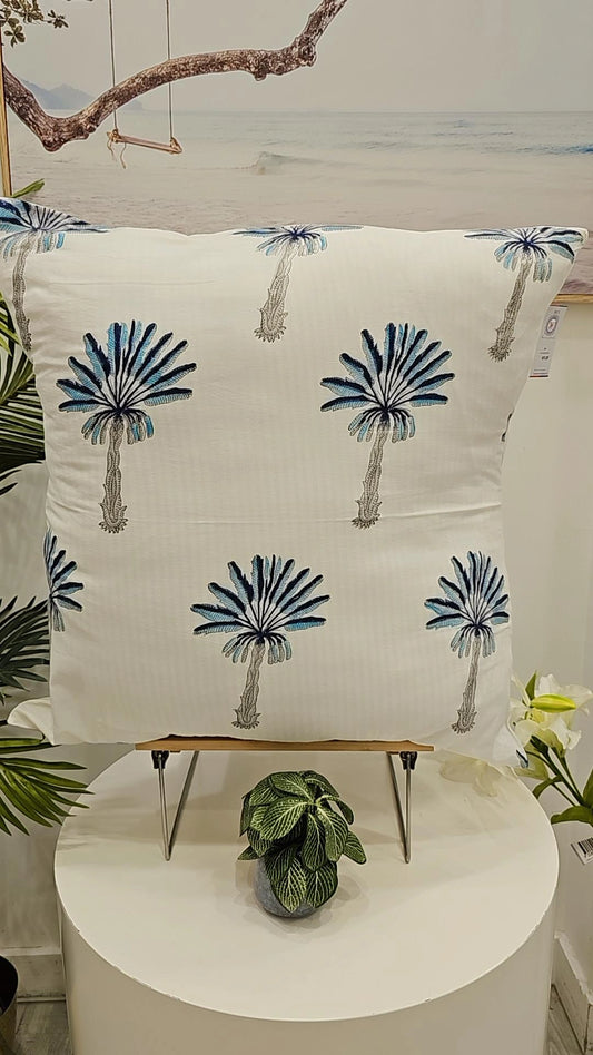 "Azure Serenity: White and Blue Palm Trees Cushion Cover" (Size 24"X24")