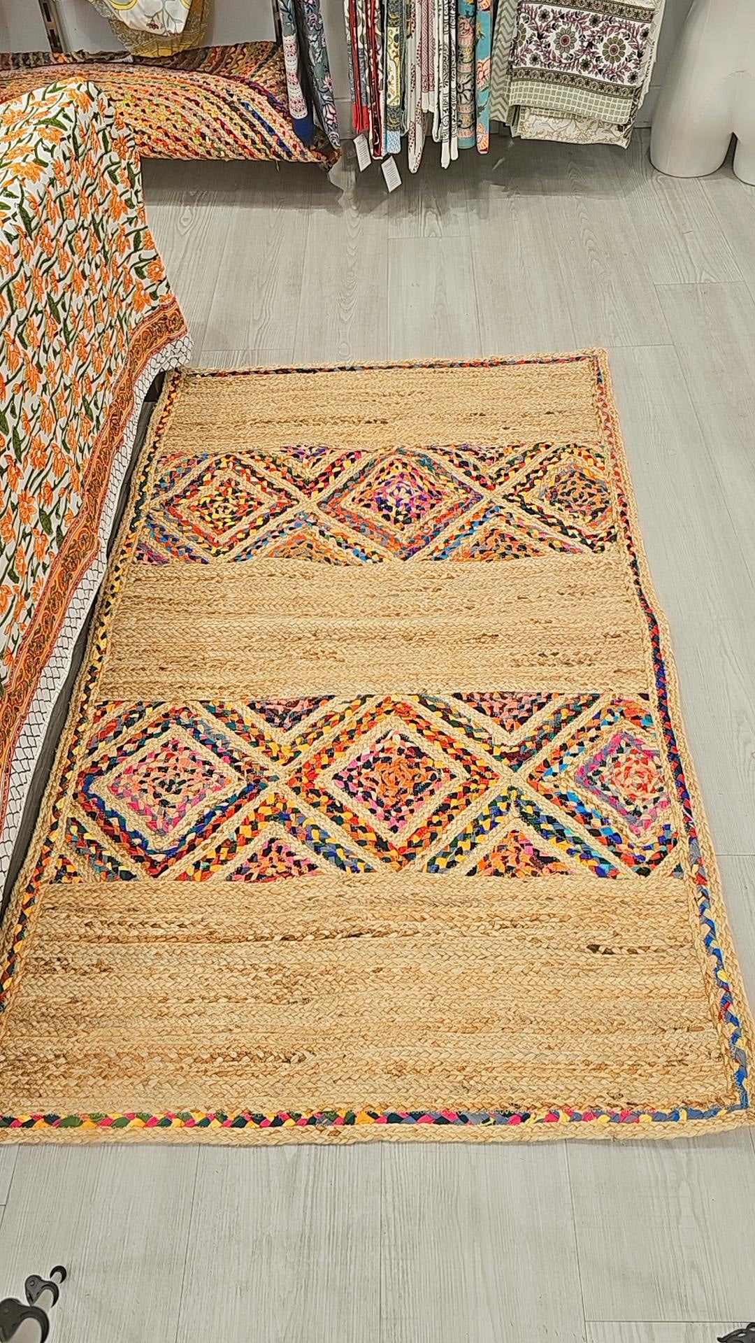 Multicoloured Pattern Rectangular Jute Rug