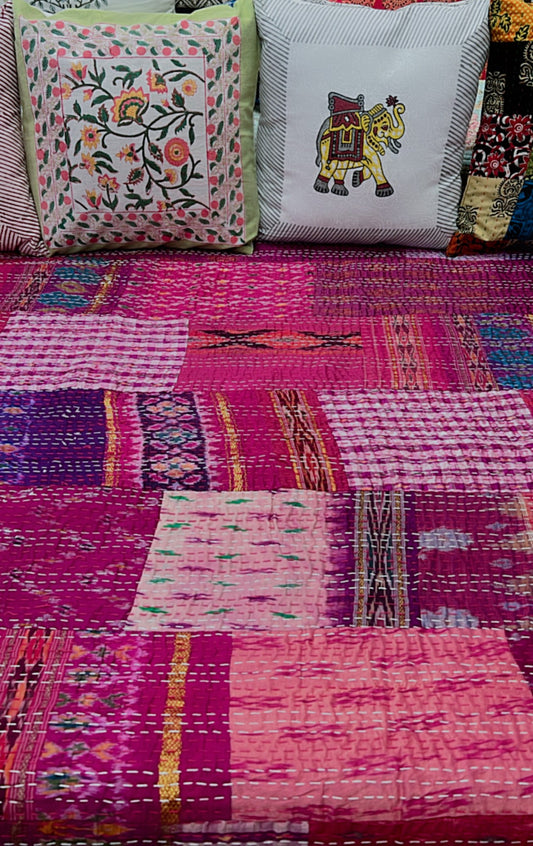 "Blushing Grace: Pink Silk Vintage Patchwork Kantha Quilt"