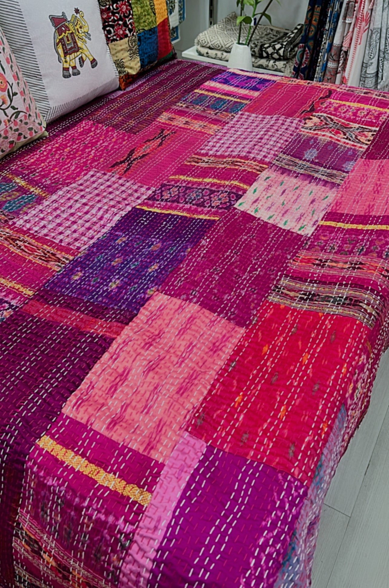 "Blushing Grace: Pink Silk Vintage Patchwork Kantha Quilt"