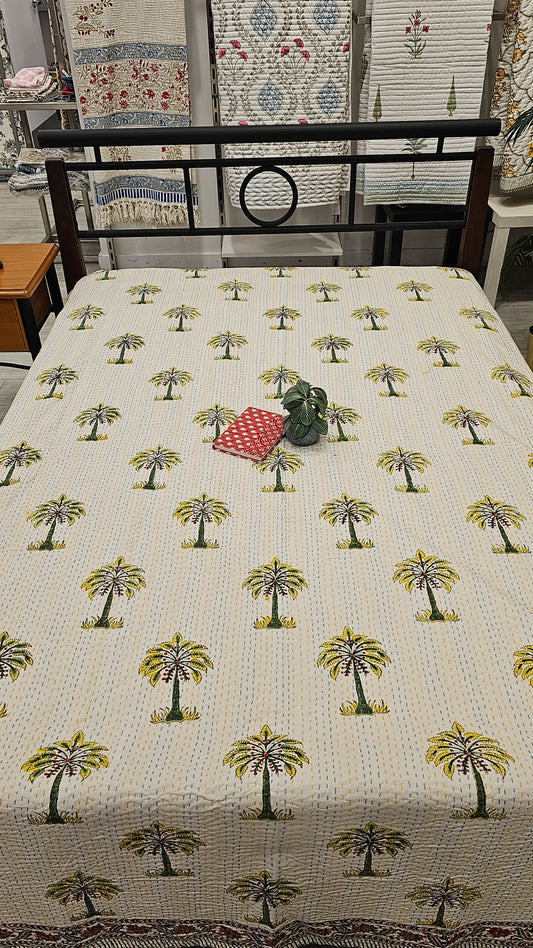 "Ivory Oasis: Green Palms Kantha Quilt"