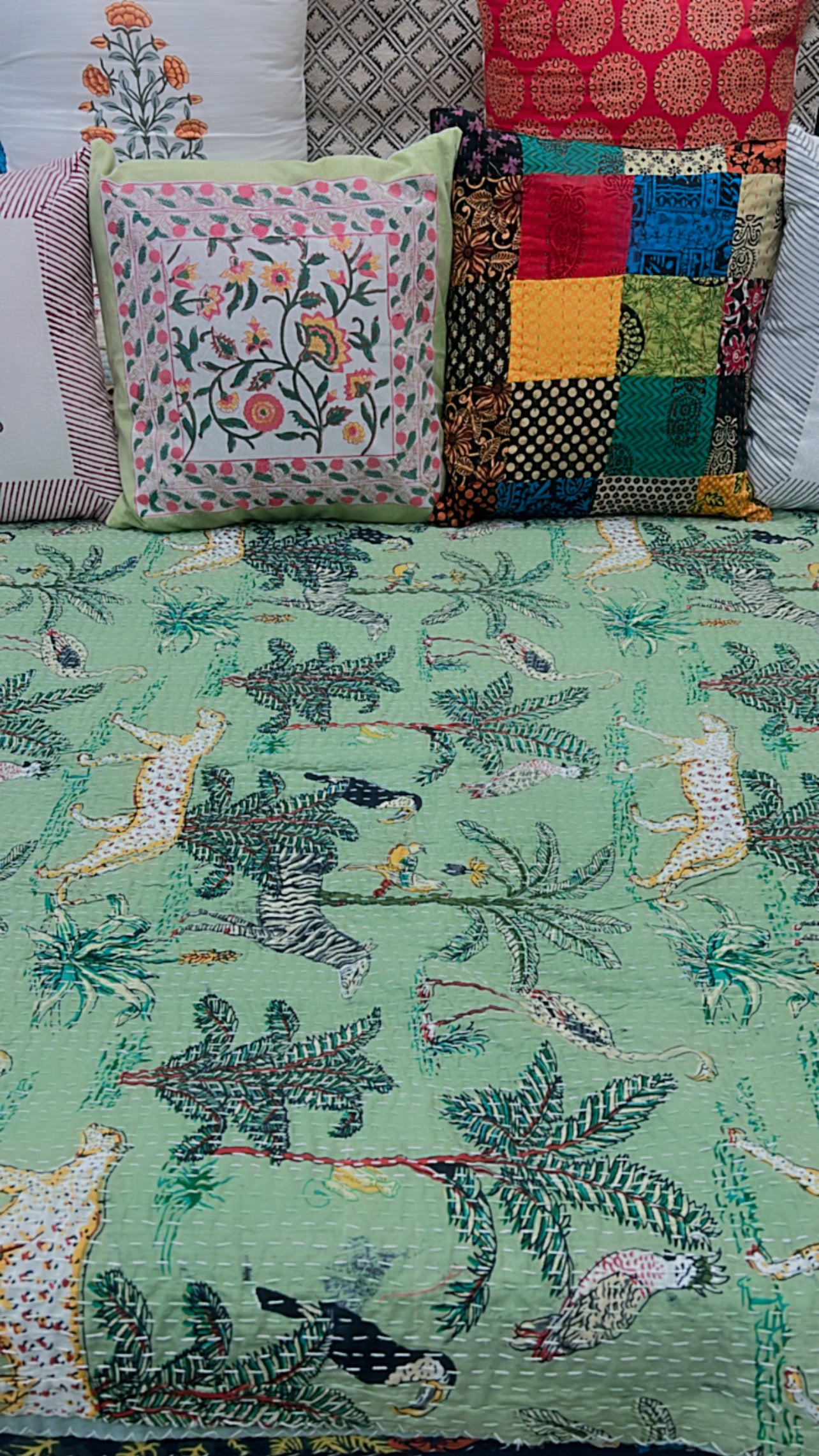 "Verdant Oasis: Green Jungle Print Kantha"