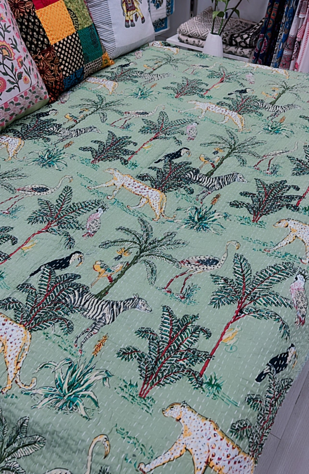 "Verdant Oasis: Green Jungle Print Kantha"