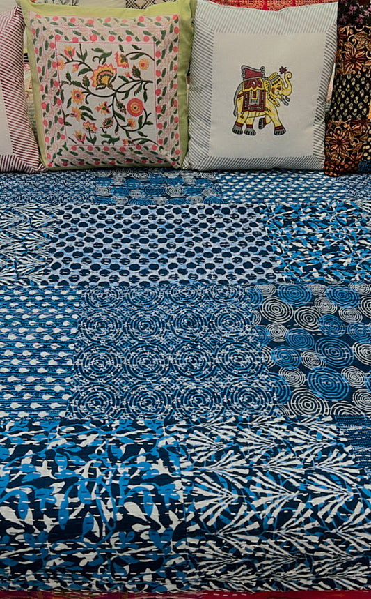 "Indigo Maze: Geometric Patchwork Kantha Quilt"