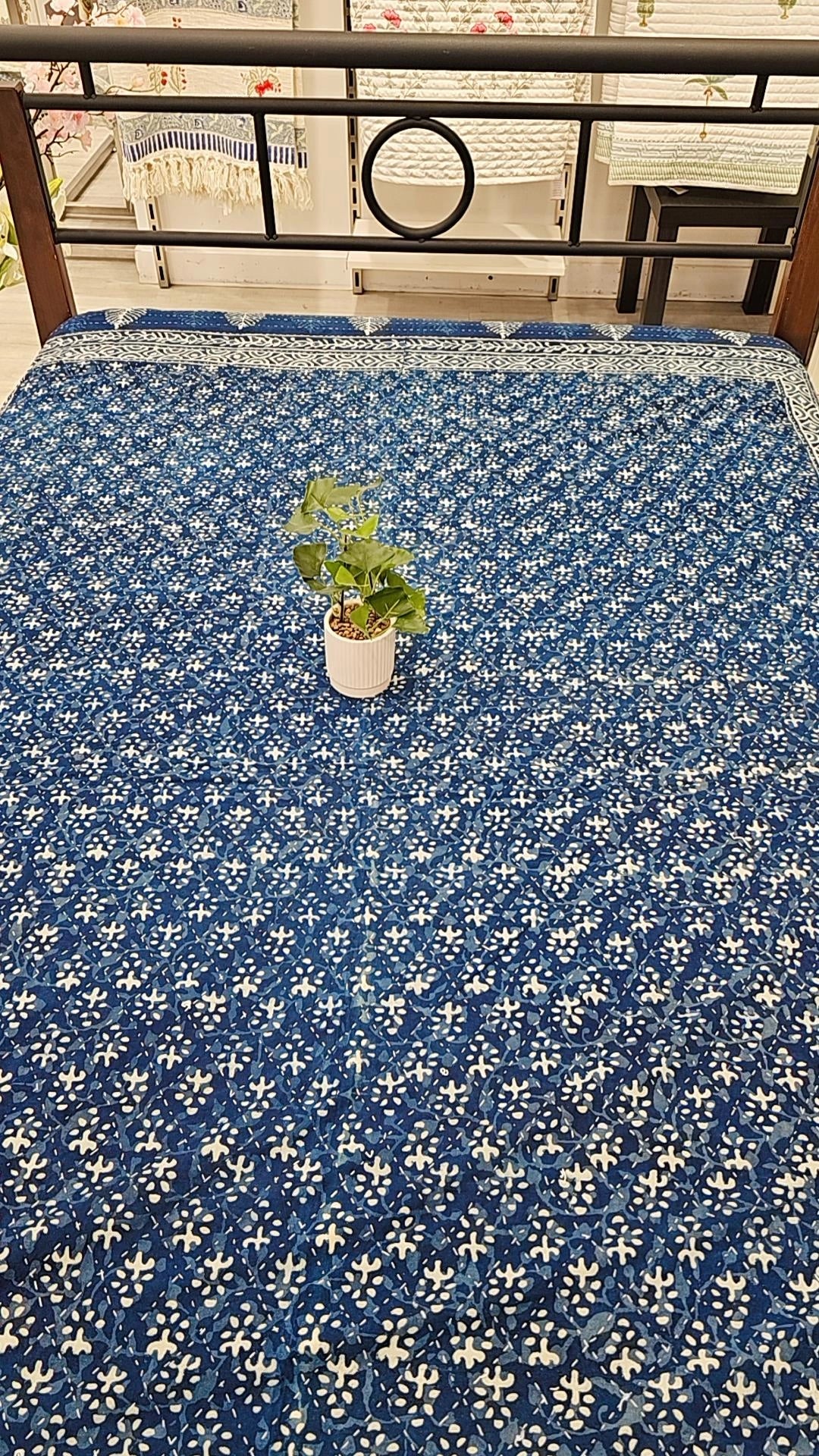 Indigo Elegance Intricate White Tapestry Kantha Quilt