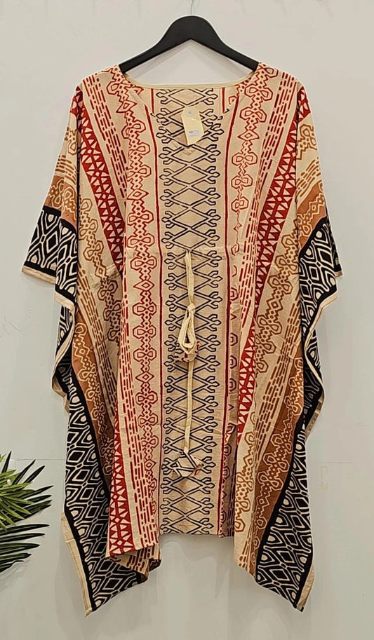 "Timeless Elegance: Beige Red Bagru Print Kaftan"