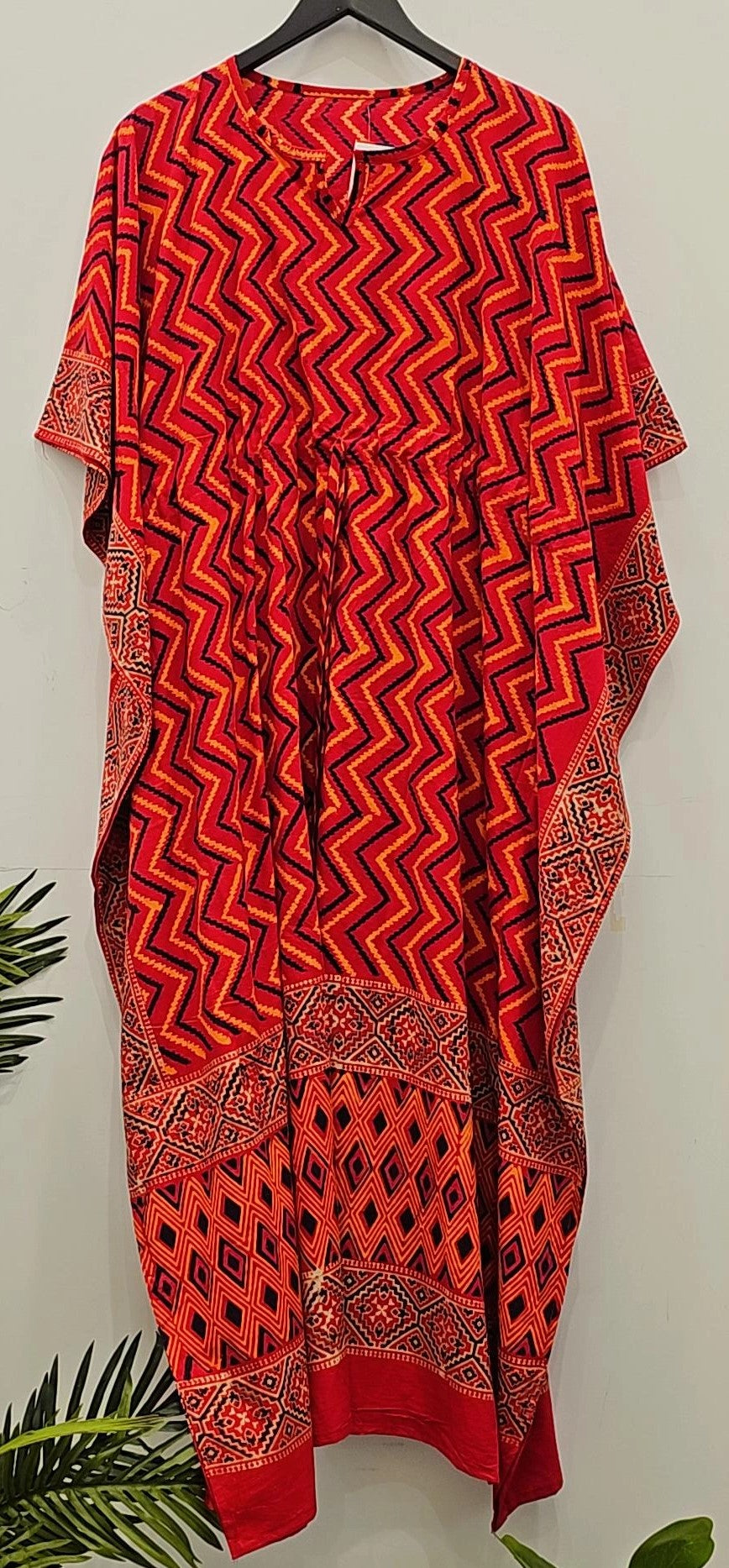 "Crimson Elegance: Red Pattern Kaftan"