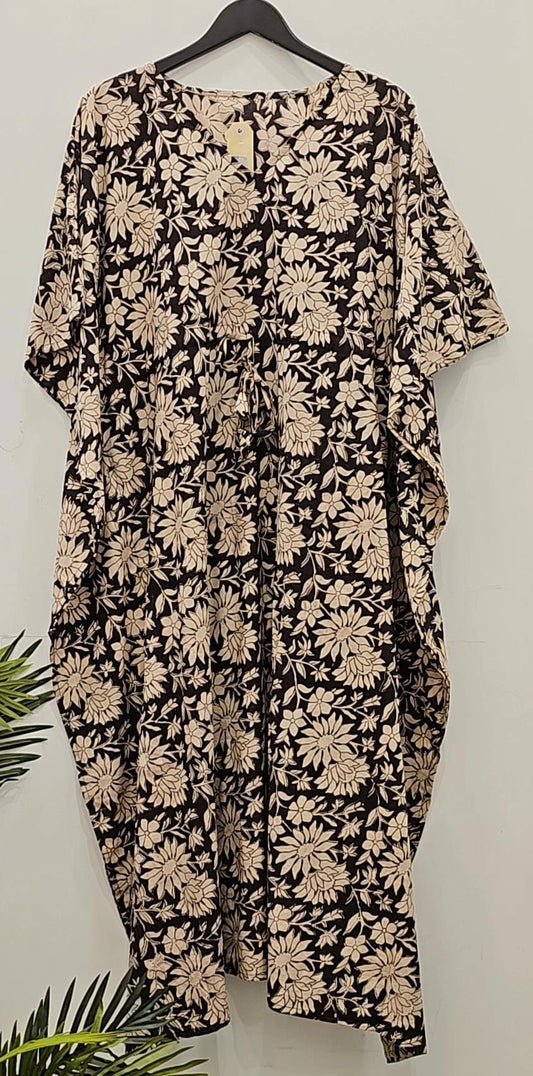 black Beige cotton floral Kaftan