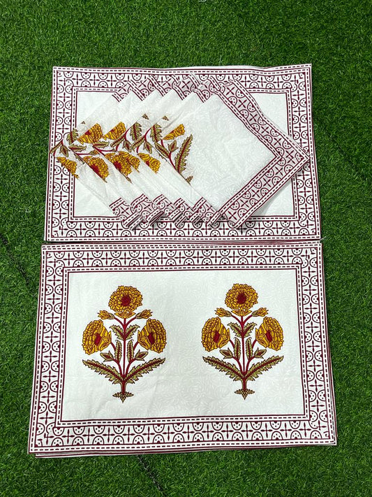 "Gilded Blossoms: Golden Floral Placemats and Napkin Set"