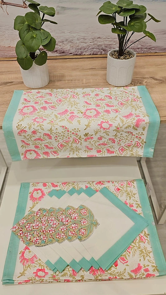 "Blossom Harmony: Pink and Green Floral Placemats and Napkin Set"
