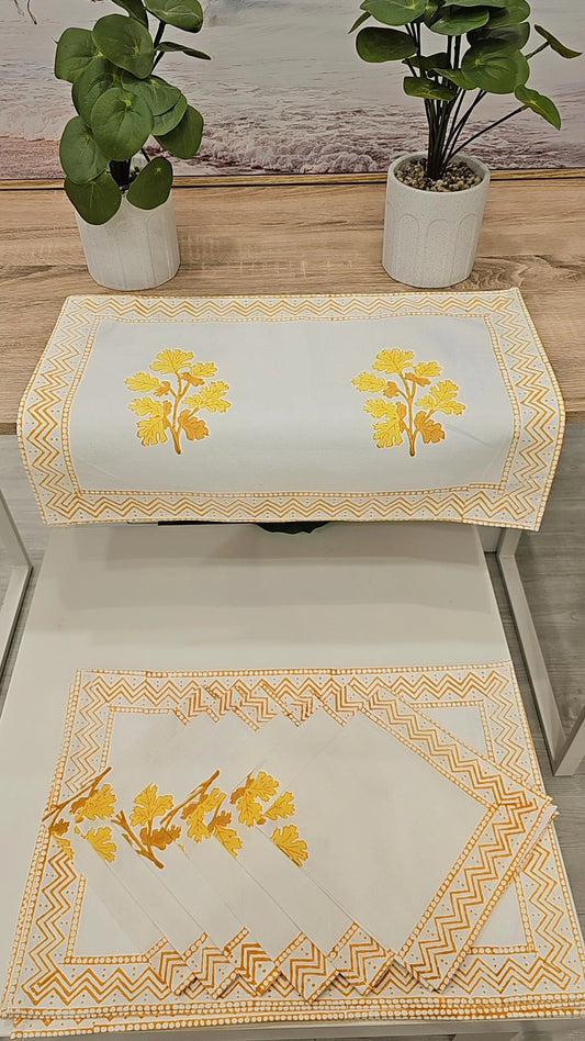 "Golden Blooms Radiance: Yellow Floral Placemats and Napkin Set with Elegant Borders"