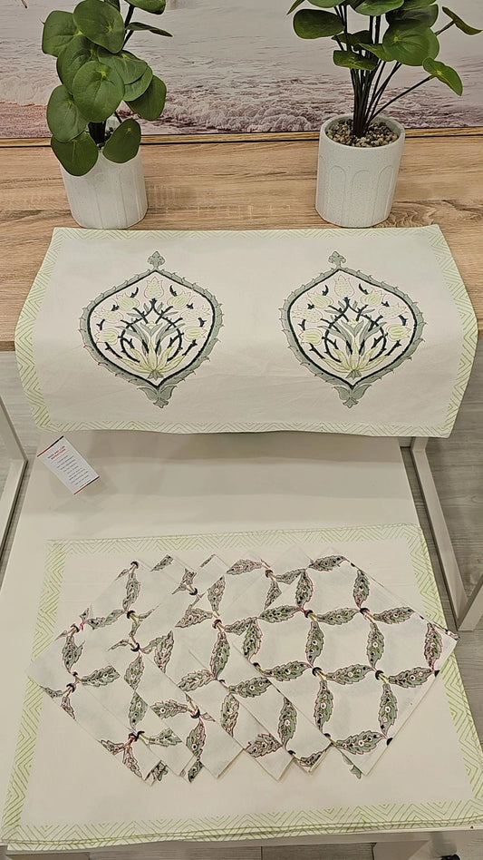 "Ivory Garden: Off-White with Green Motifs Placemats and Napkin Set"