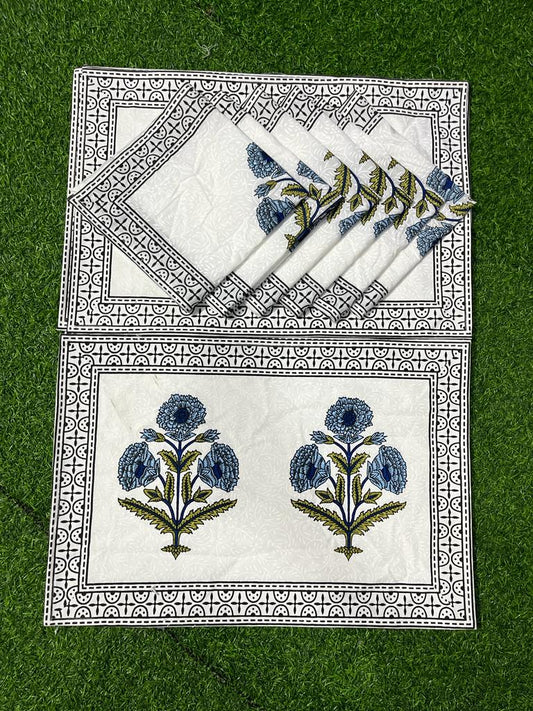 "Cerulean Blooms: Blue Flowers Placemats and Napkin Set"