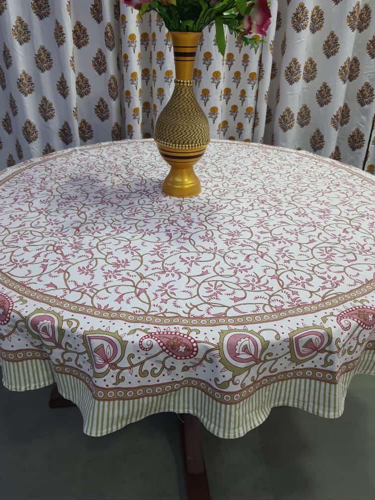 "Whispering Blooms: White with Pink Tiny Flowers Round Tablecloth"