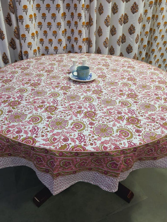 "Blossom Harmony: Pink and White Floral Round Tablecloth"