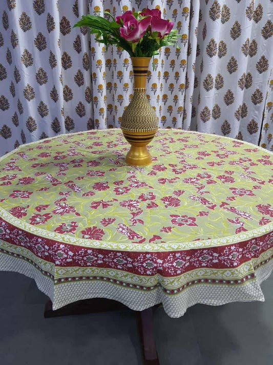 "Emerald Elegance: Green and Red Floral Round Tablecloth"