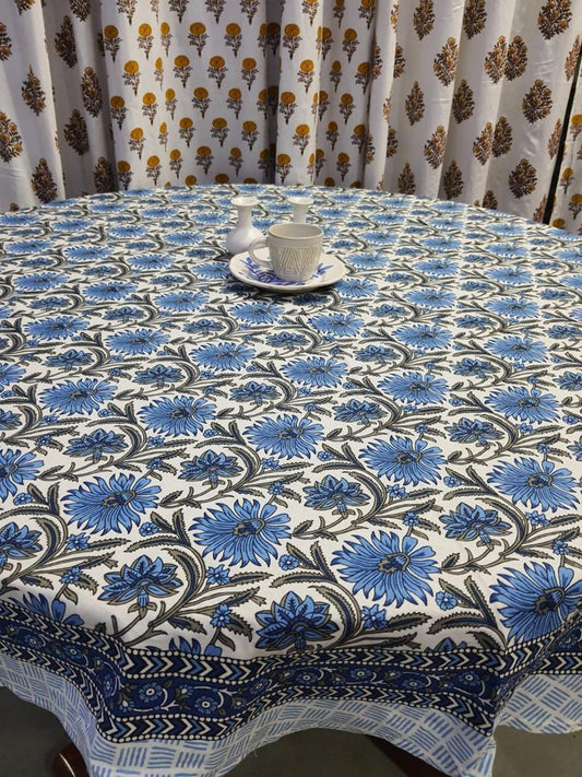 "Cerulean Bouquet: Classic Blue and White Floral Round Tablecloth"