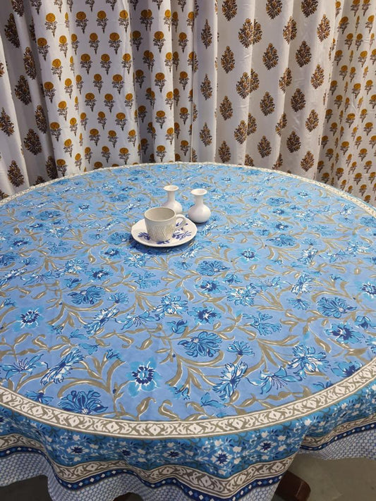 "Azure Delight: Light Blue Floral with a Touch of Brown Round Tablecloth"