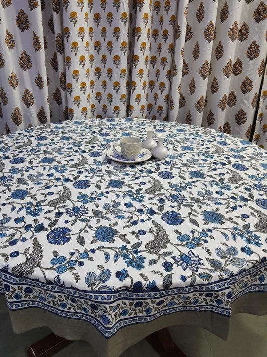 "Serenity Blooms: Graceful Grey Blue Floral Round Tablecloth"