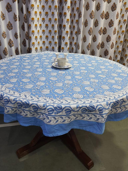"Azure Blooms: Elegance in Blue Floral Round Tablecloth"