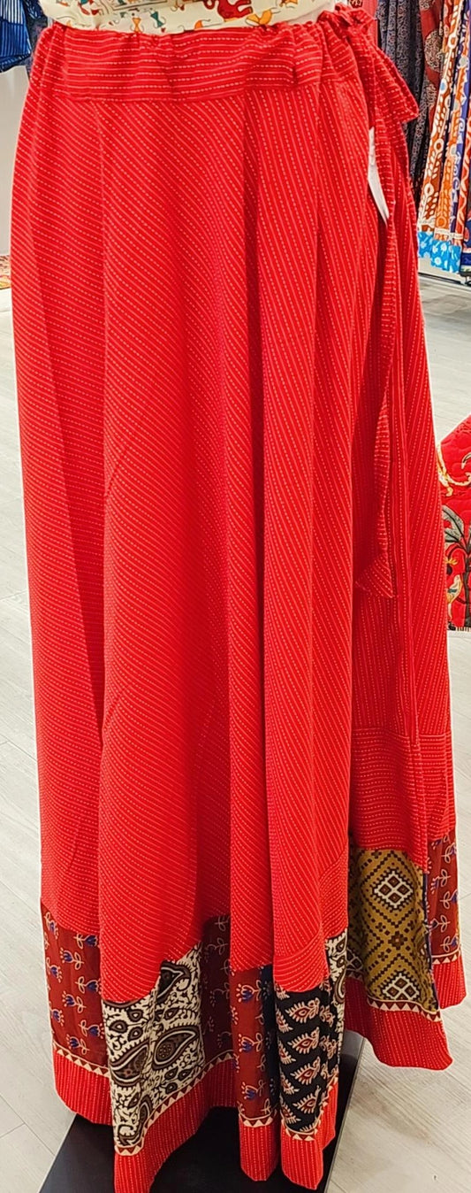 "Scarlet Splendor: Red Kantha Skirt with Borders"