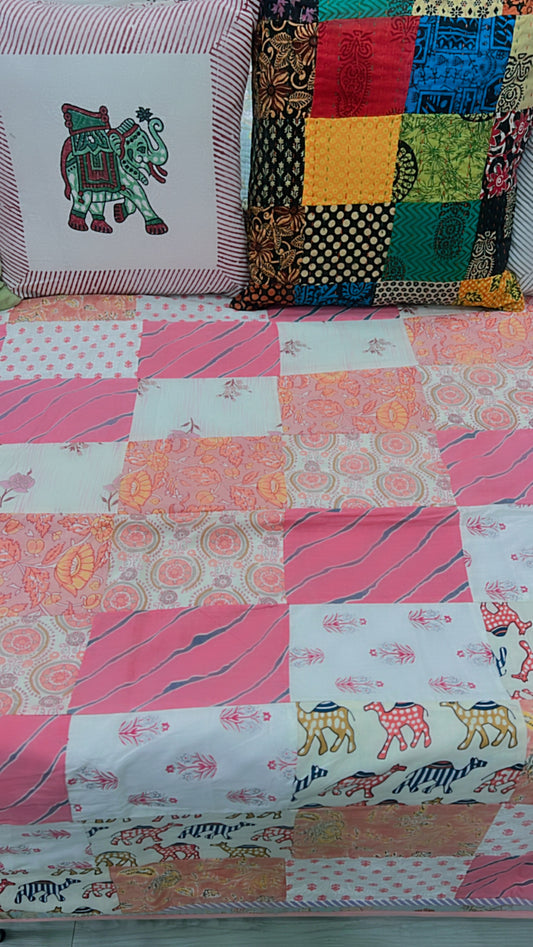 "Summer Blossoms: Pink Floral Patchwork Quilt"