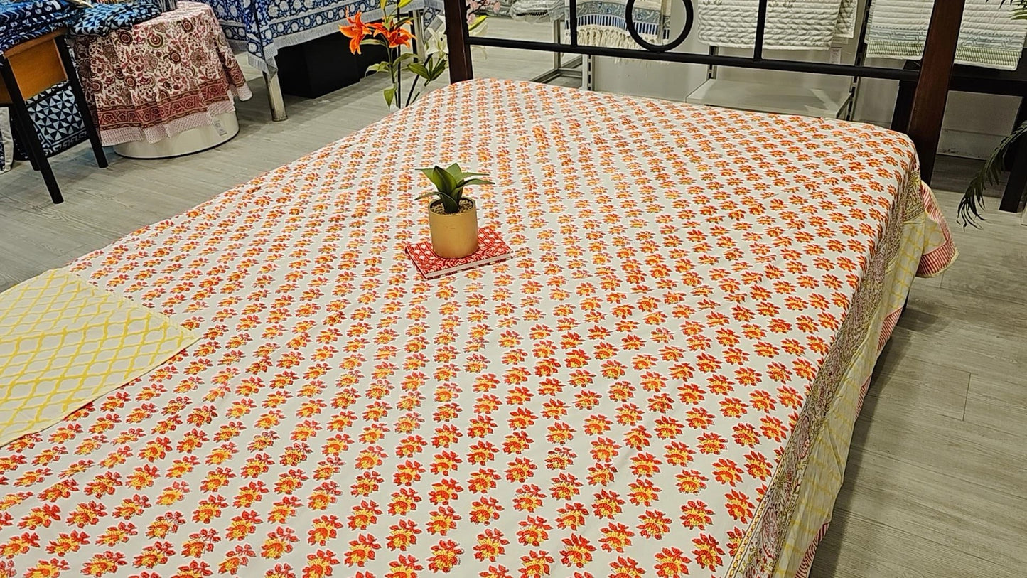 "Sunny Blooms: Cheerful Orange Floral King Quilt"