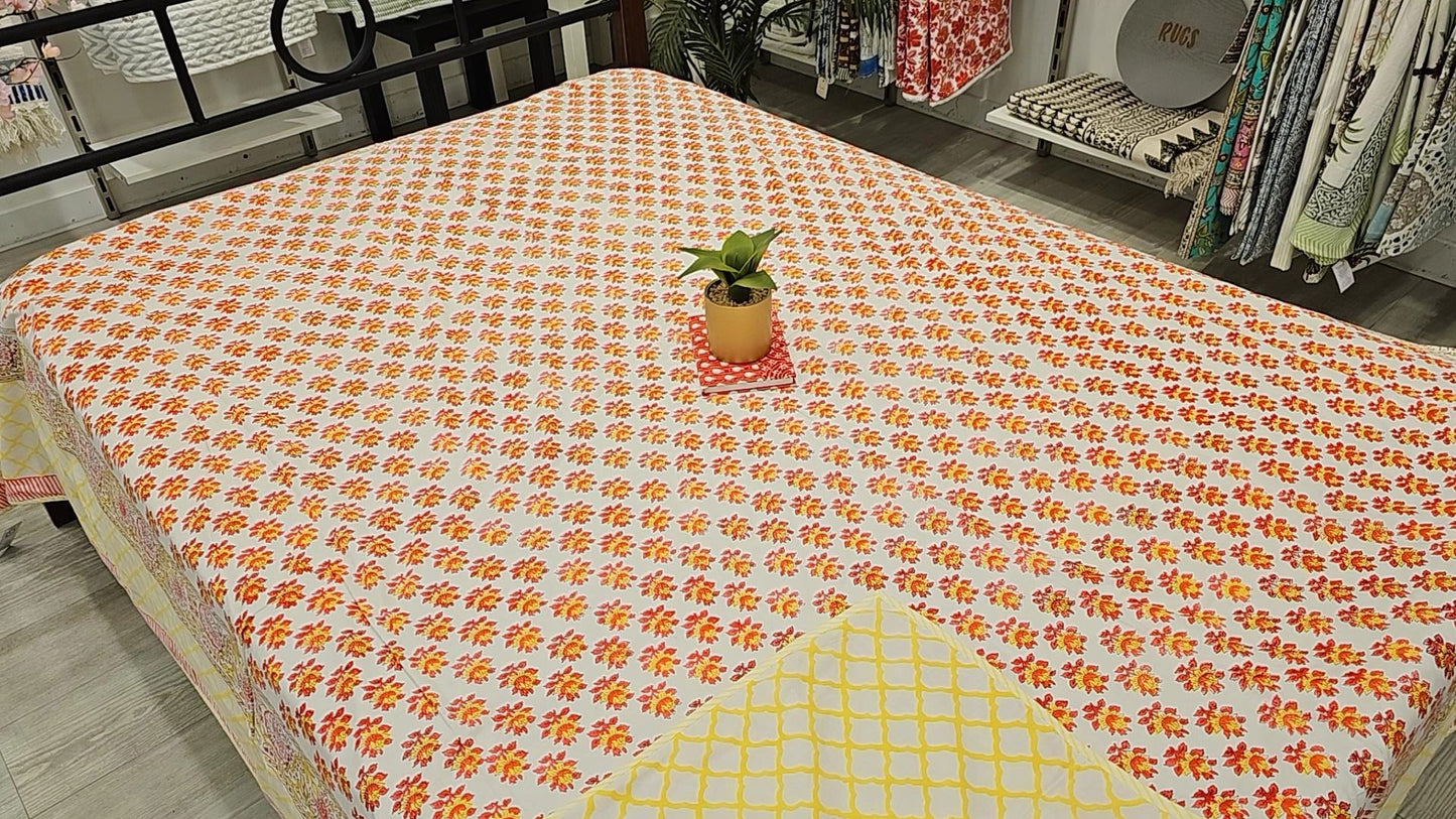 "Sunny Blooms: Cheerful Orange Floral King Quilt"