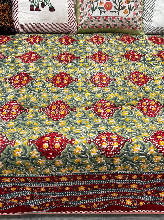 "Sunflower Meadow: Green, Red, and Yellow Floral Quilt"