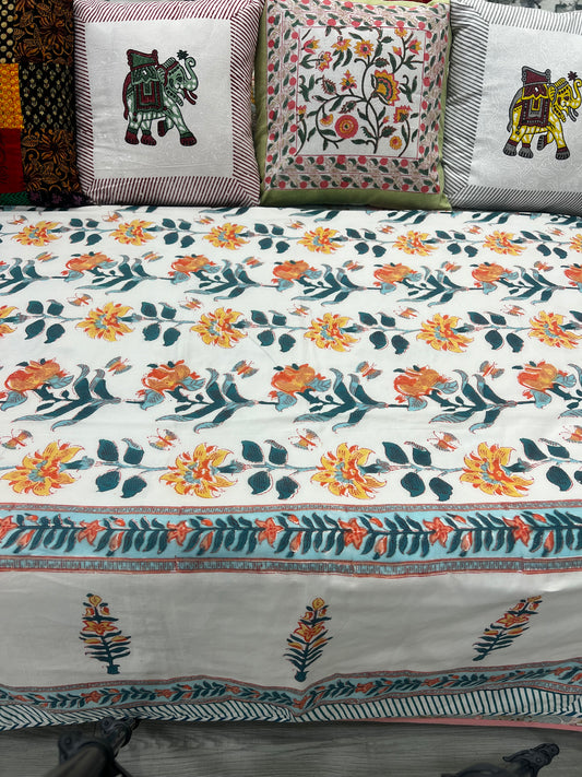 "Harvest Blossoms: Green and Orange Floral Off-White Quilt"