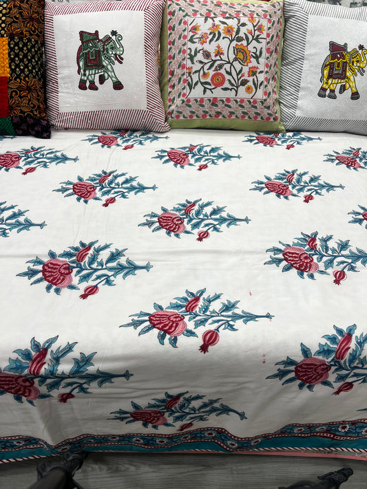 "Whispering Florals: White, Teal, and Red Flowers Quilt"