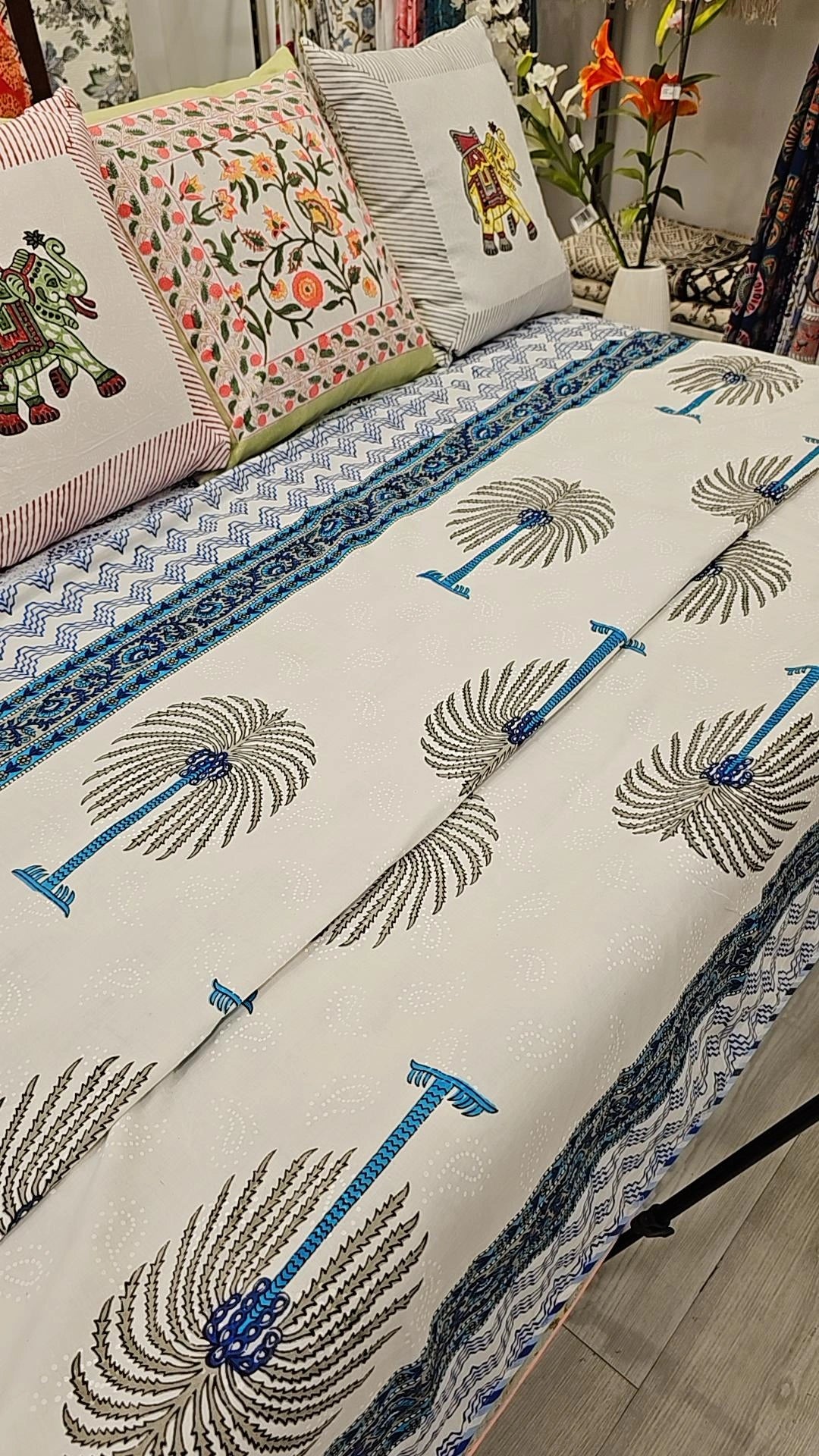 "Coastal Breeze: White and Blue Palm Trees Quilt"