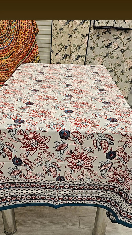 "Crimson Blossoms: White and Red Floral Tablecloth"