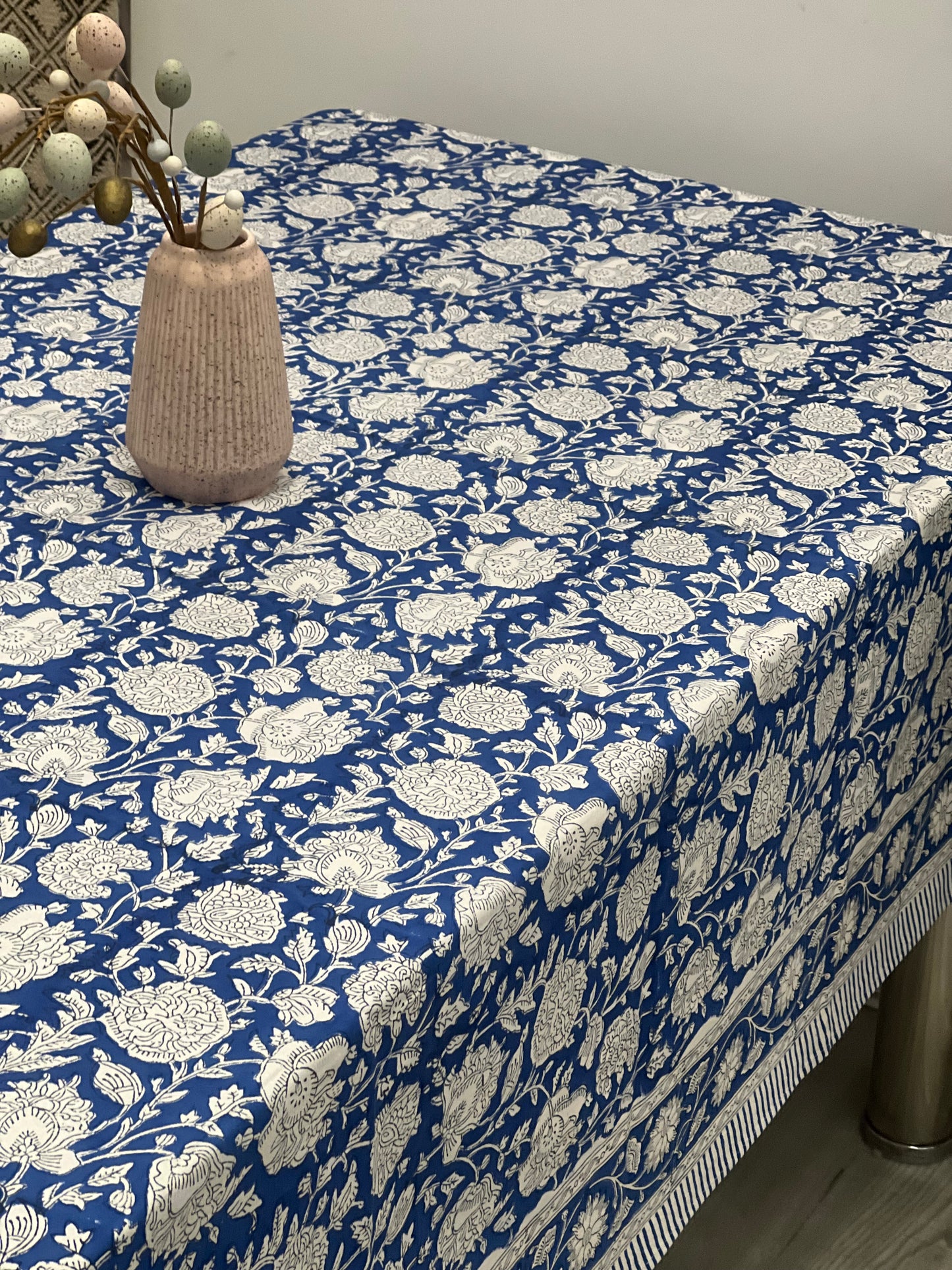 "Midnight Blooms: Dark Blue Floral Handblock Tablecloths"