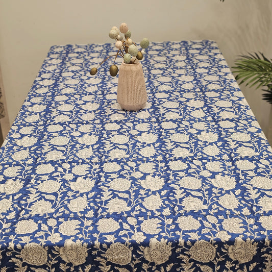 "Midnight Blooms: Dark Blue Floral Handblock Tablecloths"