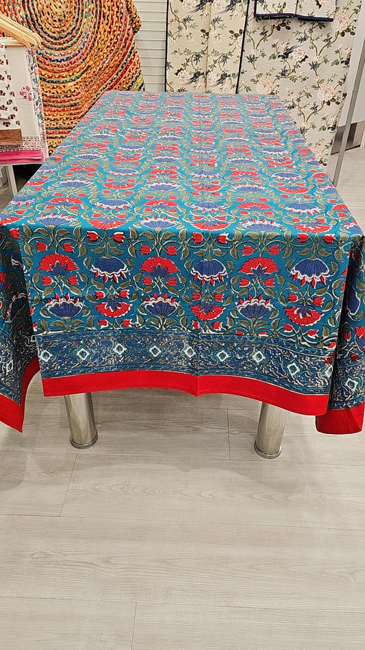 "Enchanting Blooms: Teal Green Red Floral Tablecloth"