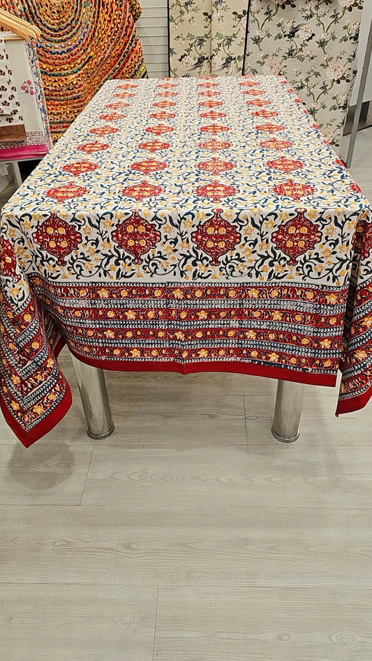 "Red Floral Tablecloth with a Hint of Yellow"
