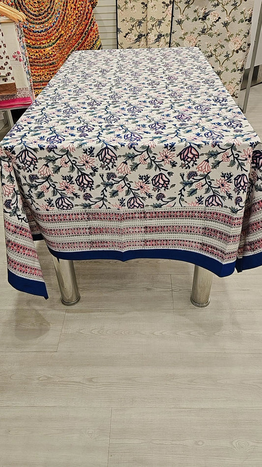 "Blue Blossoms: White-Based Floral Tablecloth"