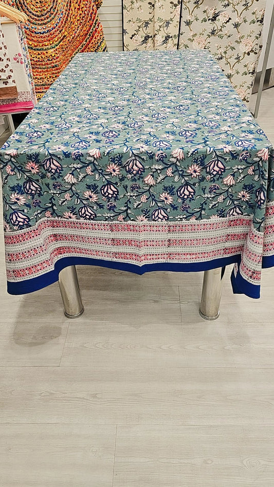 "Tranquil Gardens: Green and Blue Floral Tablecloth"