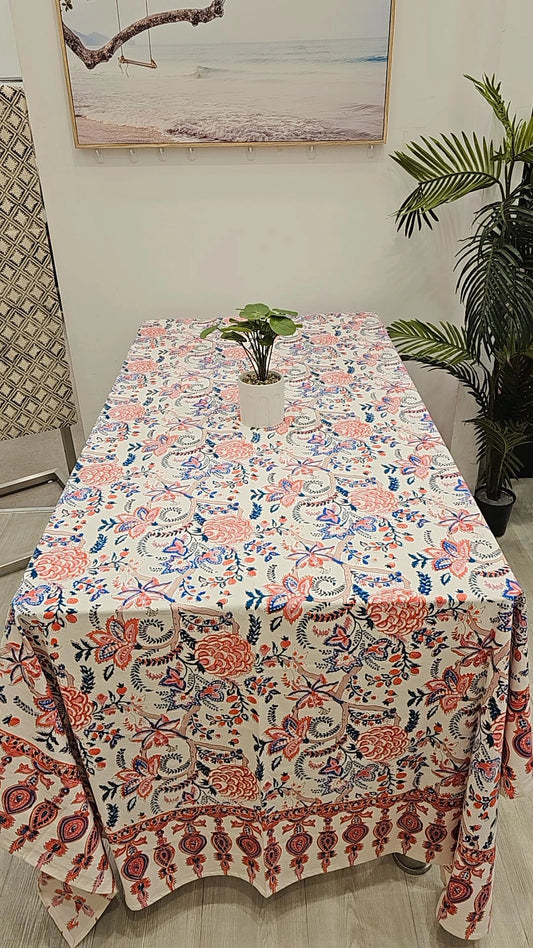 "Blossom Symphony: Pink and Blue Floral Tablecloth"
