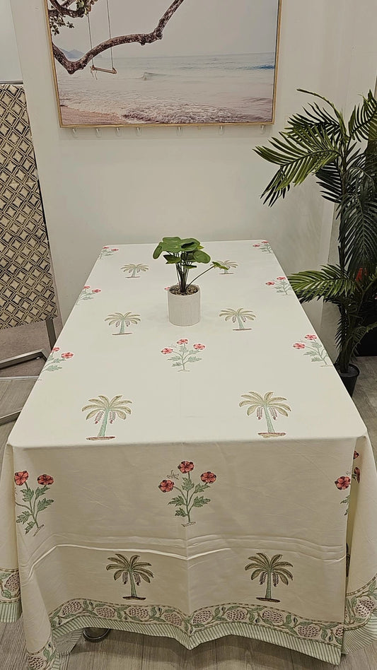 "Whispering Palms: Off-White Tablecloth with Pink Florals"